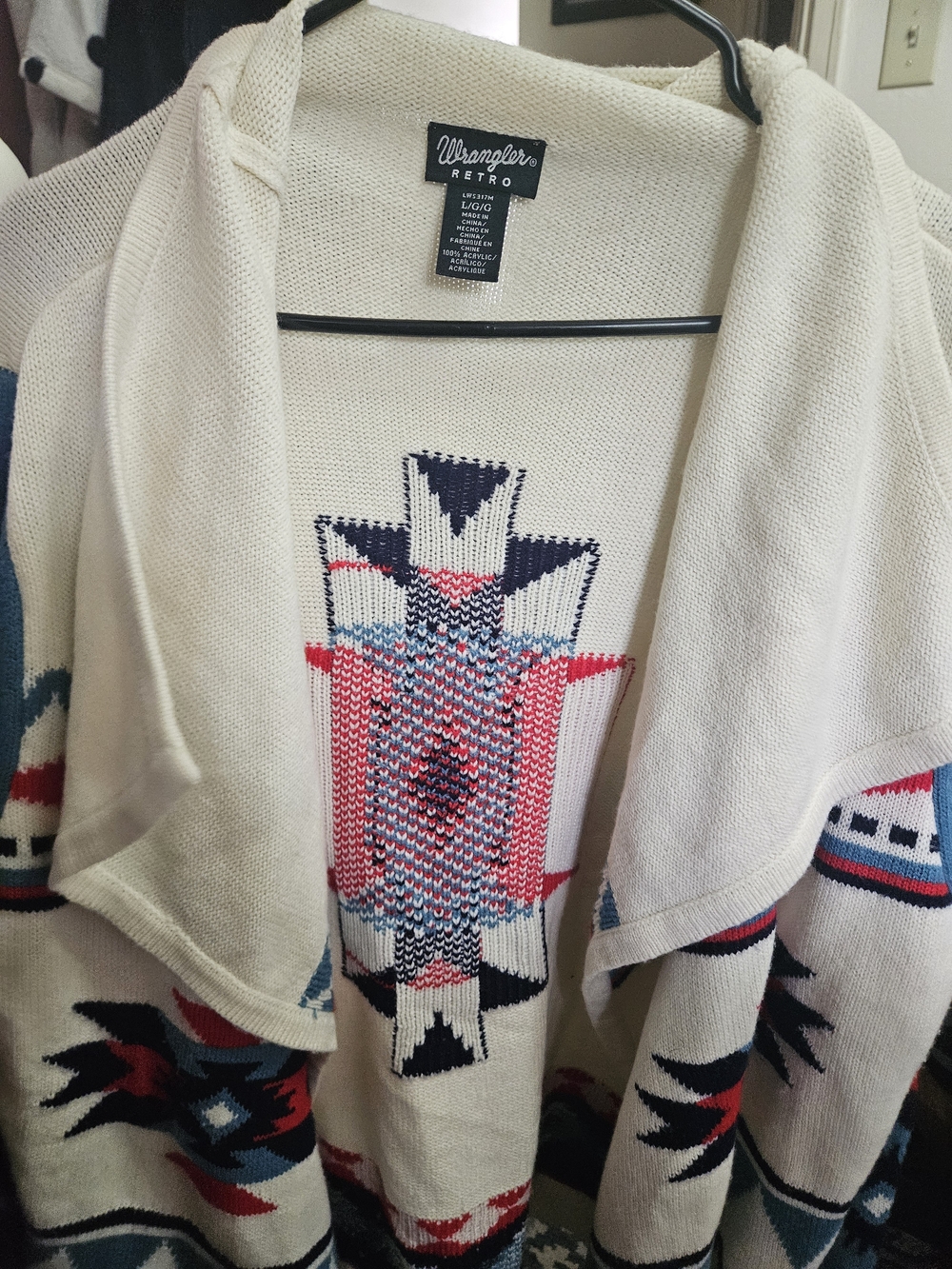 Wrangler Cream Open-Front Southwestern Cardigan with Navy & Red Accents